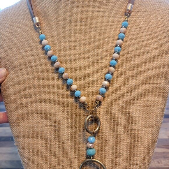 Y Pendant Necklace Blue/White Beads Large Golden Disc Leather Cord - Picture 7 of 14